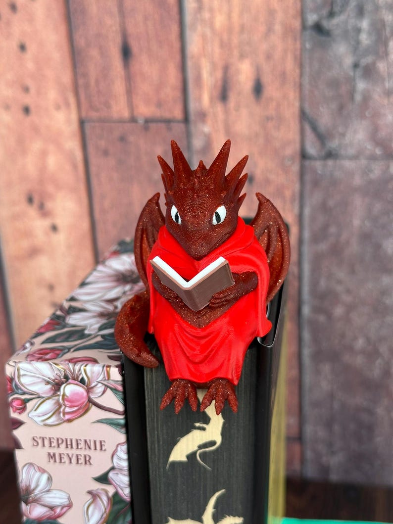 Reading Dragon Shelf Sitter | Bookshelf Decor | Bookish Gift for Book Lovers | 3D Printed Booktok Merch Sparkle Red