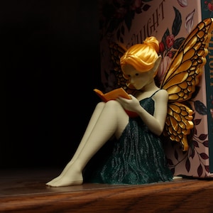 May include: A fairy figurine with golden wings and hair, reading a book, dressed in a dark green gown. The figurine is positioned on a wooden shelf beside a collection of books. The wings feature an intricate, textured pattern.