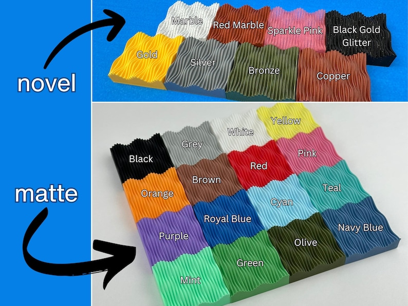 May include: A display of textured blocks in a variety of colours, including gold, silver, and black glitter. The image shows a range of finishes, from matte to novel, with labels such as "Red Marble" and "Royal Blue".