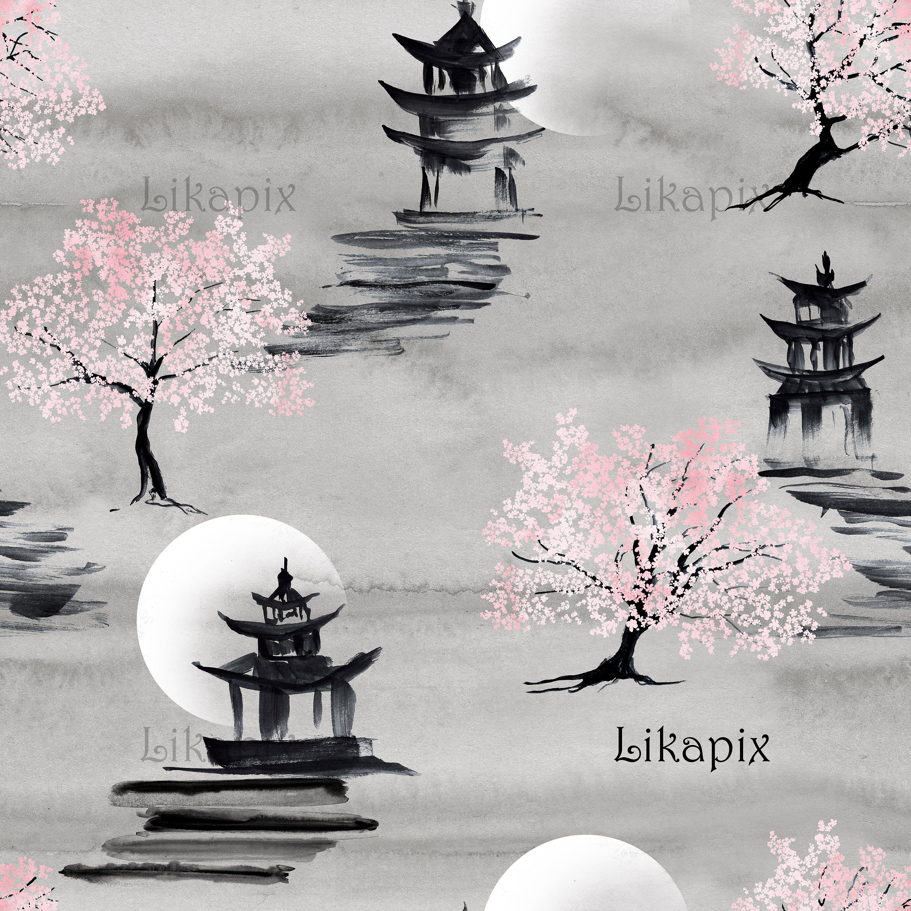 Cherry Blossom Trees Japanese Scenery Seamless Etsy UK