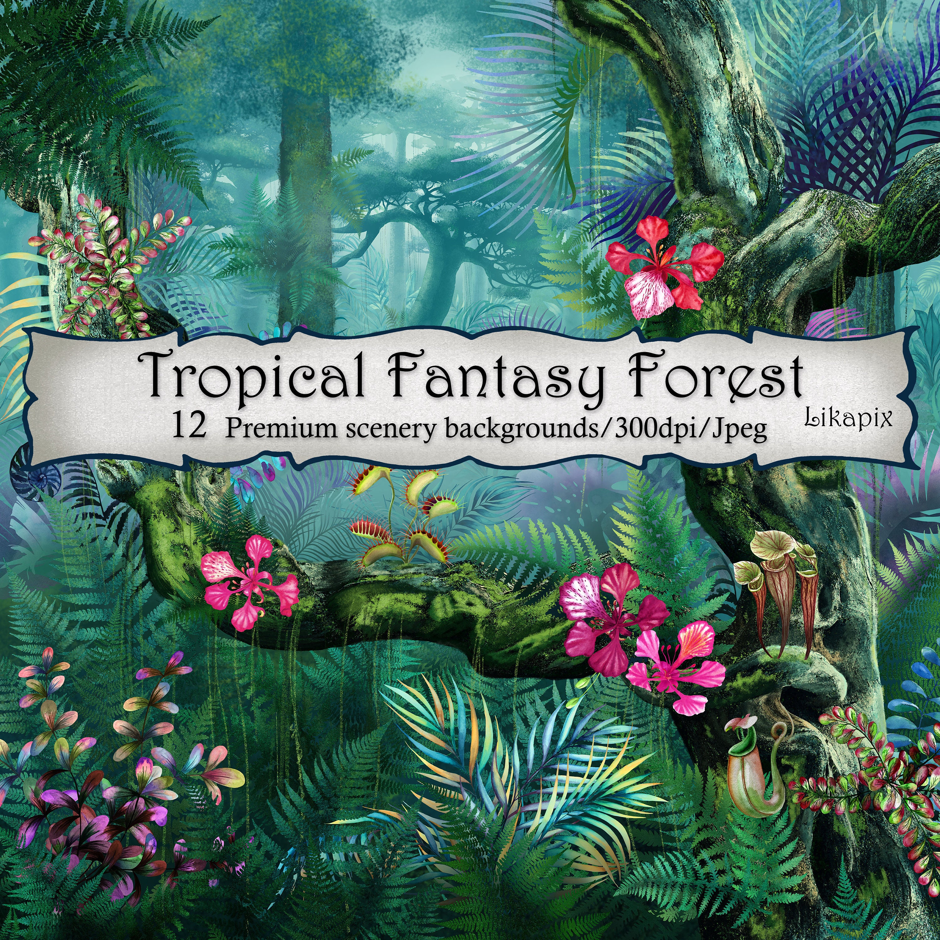 Tropical Fantasy Forest Illustration Digital Papers Instant