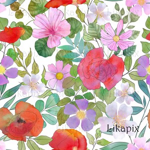 Fleurs diverses de printemps, feuilles transparente motif-téléchargement instantané. Imprimé floral aquarelle. Fond de fleurs d'été. Fleurs de coquelicots roses