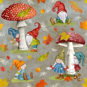 Niedliche nordische Herbstzwerge, rote Pilze, Herbstahornblätter Aquarell Musterdesign. Lustige skandinavische Zwergen Illustration