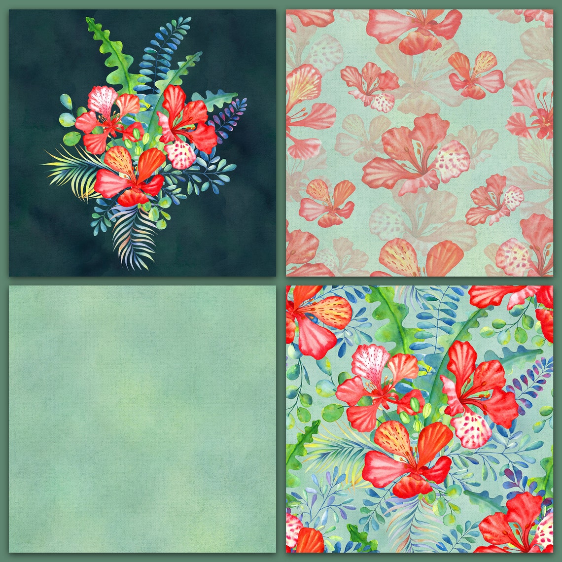Summer Tropical Flower Scrapbook Digital Papers, Tropical Leaves ...