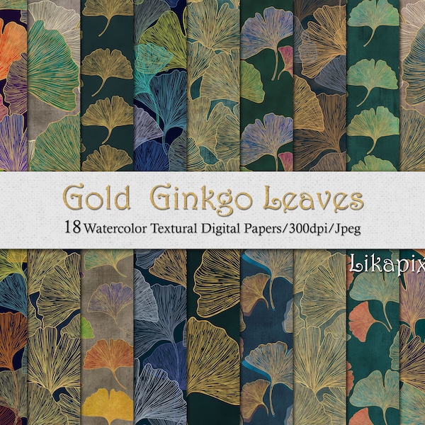 Feuilles de Ginkgo dorées papiers numériques, motifs texturaux sans couture, feuilles d’album japonais d’automne, arrière-plans feuillus vert foncé