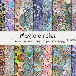 Cercles texturaux aquarelle papiers numériques, fond géométrique sculpté, bulles de couleurs abstraites, impressions magiques sans couture, clipart steampunk