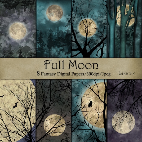 Full moon digital paper set, Halloween scrapbooking sheets, Trees silhouettes on cloudy sky, Magic moonlight watercolor textural  clipart