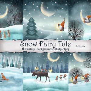 Sfondi invernali degli gnomi scandinavi: download immediato. Gnomi nordici, animali, paesaggio innevato fantasy, notte di luna, carte della foresta incantata