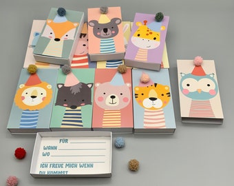 Craft kit matchbox invitation, 12 animal babies for a children's birthday party