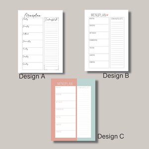 May include: Three different designs for a weekly meal planner. Each design features a section for a meal plan and a grocery list. The first design is black and white with a handwritten font. The second design is white with black text and a pink heart. The third design has a light pink meal plan section and a light blue grocery list section.