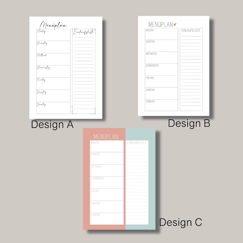 May include: Three different designs for a weekly meal planner. Each design features a section for a meal plan and a grocery list. The first design is black and white with a handwritten font. The second design is white with black text and a pink heart. The third design has a light pink meal plan section and a light blue grocery list section.