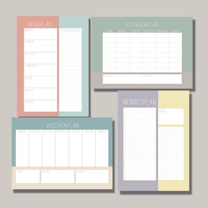 May include: Four printable planner pages in pastel colors. The pages are labeled "Menuplan", "Einkaufsliste", "Wochenplan", "Stundenplan", and "Monatsplan".