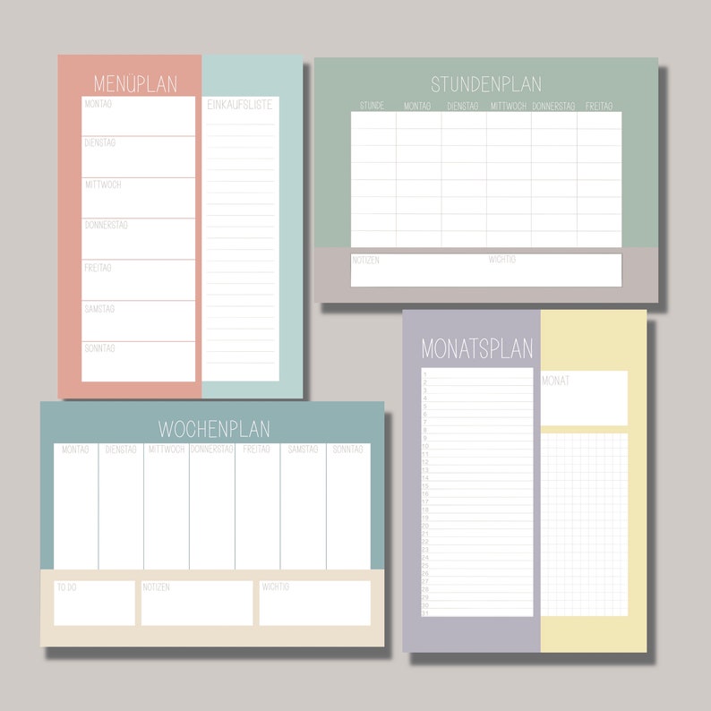 May include: Four printable planner pages in pastel colors. The pages are labeled "Menuplan", "Einkaufsliste", "Wochenplan", "Stundenplan", and "Monatsplan".