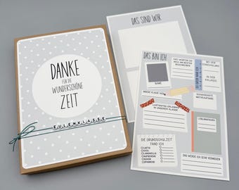 Abschiedsbox Grundschule zum Ausfüllen, Abschiedsgeschenk Lehrerin, Danke Schulzeit, Freundebuch, farbenfrohe Zeit, Abschiedsbuch