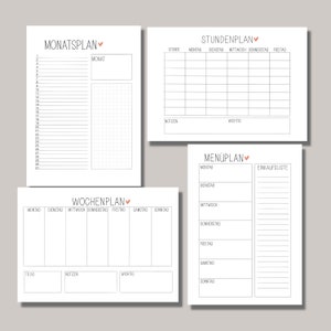 May include: Four printable planner pages with a minimalist design. The pages include a monthly calendar, a weekly planner, a daily schedule, and a meal planner with a grocery list.