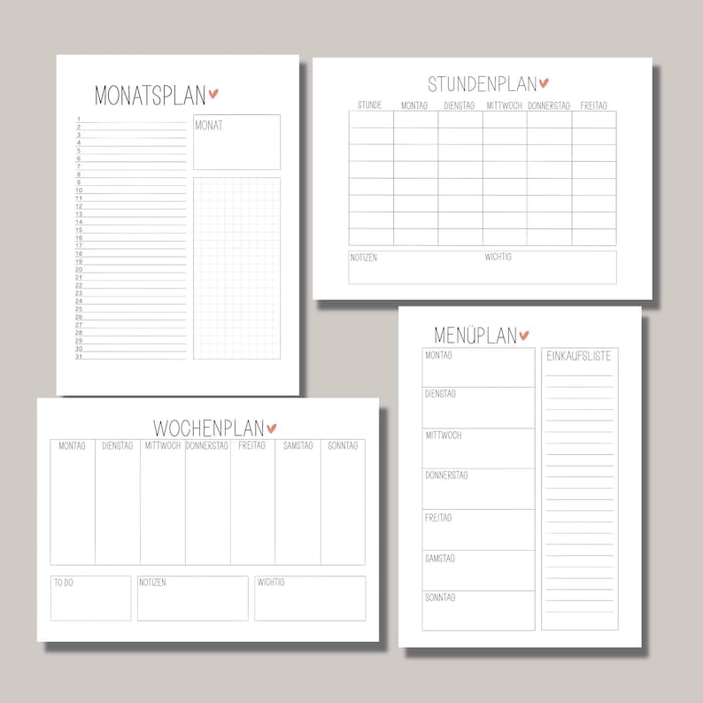 May include: Four printable planner pages with a minimalist design. The pages include a monthly calendar, a weekly planner, a daily schedule, and a meal planner with a grocery list.