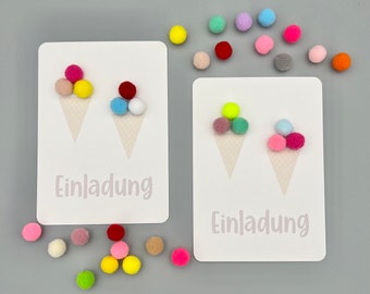 Pompom Eis-Einladungskarte zum Basteln, Kindergeburtstag, Bastelset Eiseinladung