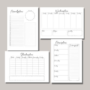 May include: A printable planner set with four pages: a monthly calendar, a weekly planner, a daily schedule, and a meal planner. Each page has a simple black and white design with headings in German.