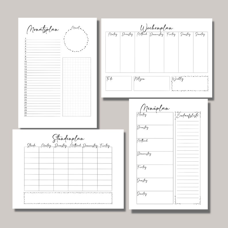 May include: A printable planner set with four pages: a monthly calendar, a weekly planner, a daily schedule, and a meal planner. Each page has a simple black and white design with headings in German.