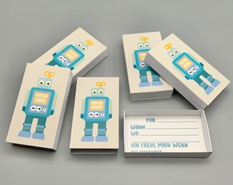 Robot birthday party, invitation in a matchbox, children's birthday party, unique invitation, box, children's invitation card