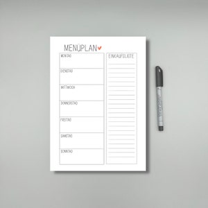 May include: A printable weekly meal planner and grocery list template. The template has a heart icon and the text "MEN&Uuml;PLAN" in German. The days of the week are listed in German: Montag, Dienstag, Mittwoch, Donnerstag, Freitag, Samstag, Sonntag. The grocery list section is labeled "EINKAUFLISTE" in German.