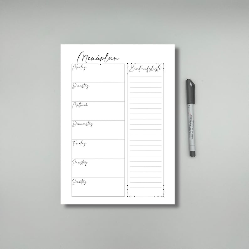 May include: A printable weekly meal planner with a grocery list section. The planner has a black and white design with a handwritten font. The days of the week are listed in German.