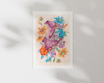 Roller Skates Watercolor Art Print | Floral Illustration | Whimsical Wall Art | Colourful Fine Art Poster | Retro Inspired Decor