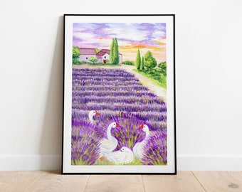 Lavender Field Print, Lavender Field Art, Lavender Field Wall Décor, Lavender Home Décor, Lavender Field Gouache Art