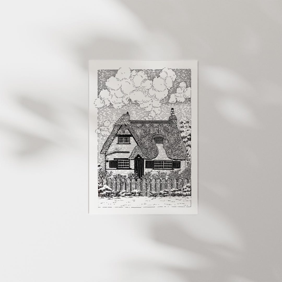 Cottage Ink Illustration Art Print | Black and White Drawing ...