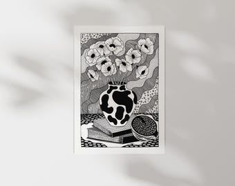 Black and White Floral Art Print | Modern Botanical Ink Illustration | Minimalist Still Life Wall Art | Monochrome Flower Decor