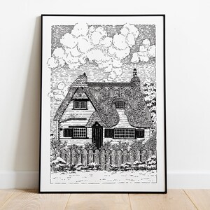 Cottage Art Print, Framed Wall Art, Black And White, Cottage Illustration, Wall Decor, Cottage Black And White, Architecture Print