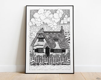 Cottage Art Print, Framed Wall Art, Black And White, Cottage Illustration, Wall Decor, Cottage Black And White, Architecture Print