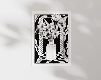 Black and White Floral Art Print | Ink Illustration | Modern Botanical Wall Art | Line Drawing Poster | Fine Art Home Decor
