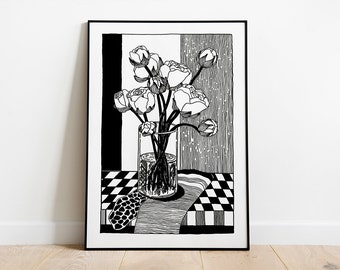 Floral Art Print, Framed Wall Art, Black And White, Floral Illustration, Floral Wall Decor