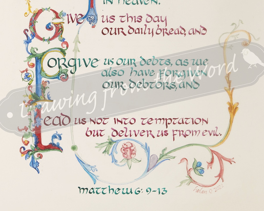 LORD'S PRAYER Watercolor in the Style of Medieval Manuscript Art. First ...