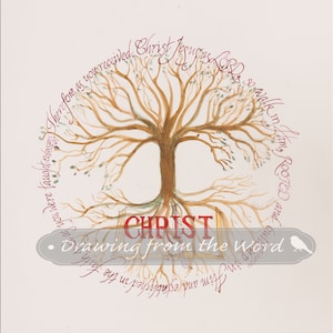 ROOTED in CHRIST 8x10 watercolor and calligraphy scripture art  based on Colossians 2 6 and 7 for wall display. Tree rooted in Christ