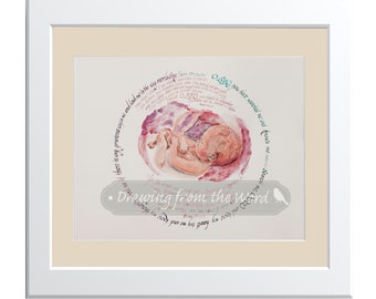 Psalm139 Nursery Wall Decor You knitted me together in my mother's womb watercolor of preborn calligraphy of scripture surrounding infant