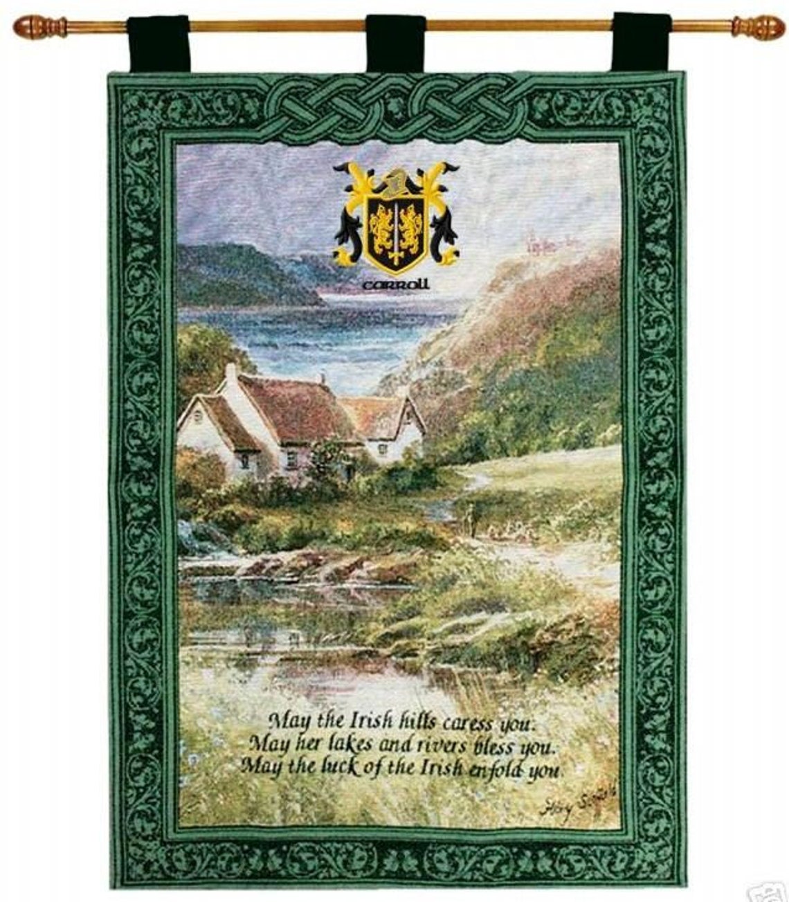 A Beautiful Tapestry Wall Hanging of a Charming Irish Thatched Cottage by the Sea, Embroidered