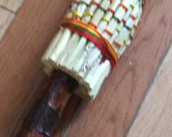 New England round style broom with fall color cording ash wooden handle brownish stain besom Wiccan Fun Halloween fireplace item broomcorn