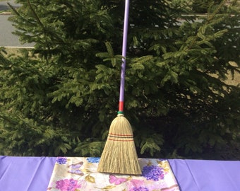 Camper size corn broom with light purple painted wooden handle, midsize broom great for sweeping smaller areas formally a lobby,parlor broom
