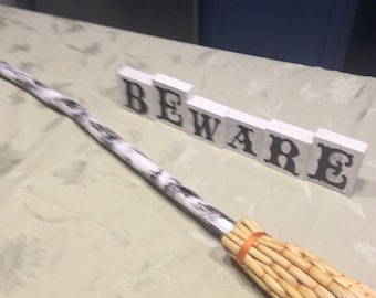 Handmade Broomcorn Besom, Black & White Handle, Halloween Decor