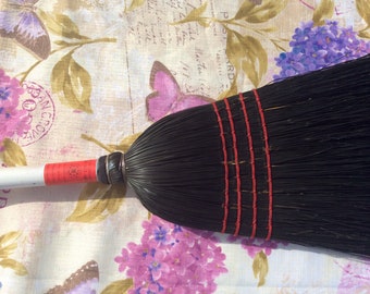 Black Corn Broom with a solid wooden-handle painted white full size traditional broom 100% broomcorn used.