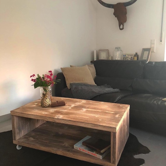 Coffee Table On Wheels Rustic Industrial Modern Unique - Rustic Brown Wood Coffee Table Modern Timber