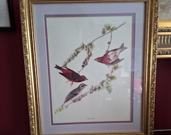 Audobon Reproduction Gilt Framed Purple Finches Ready to Hang