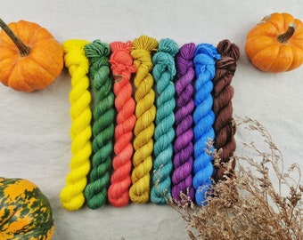 BRIGHT AUTUMN SELECTION - Hand dyed yarn - Merino/nylon Blend - 4ply Sock Weight -Mini skein selection - 20g/85m - Gift for knitter or croch