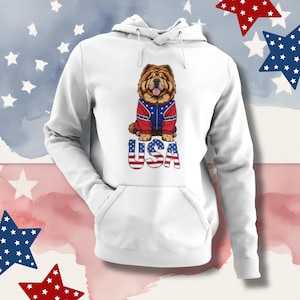Yellow Chow Chow Hoodie | Patriotic USA Apparel | Dog Mom Gift | Fourth of July Pullover | Red White Blue Outfit | Unisex Sweatshirt