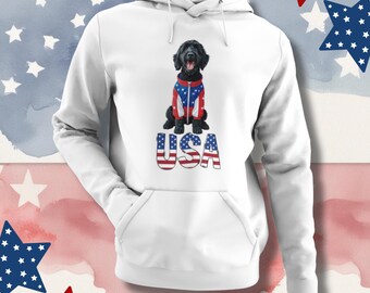 Schwarzer Labrador Hoodie | Vaterländische USA Bekleidung | Hunde Mama Geschenk | Vierter Juli Pullover | Rot Weiß Blau Outfit | Unisex Sweatshirt