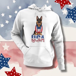 German Shepherd Hoodie | Patriotic USA Apparel | Dog Mom Gift | Fourth of July Pullover | Red White Blue Outfit | Unisex Sweatshirt