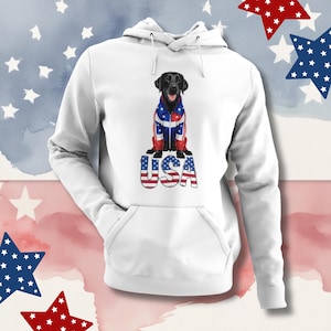 Labrador Black Retriever Hoodie | Patriotic USA Apparel | Dog Mom Gift | Fourth of July Pullover | Red White Blue Outfit | Unisex Sweatshirt