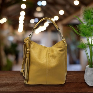 Soft leather bag for women, Mustard yellow shoulder strap